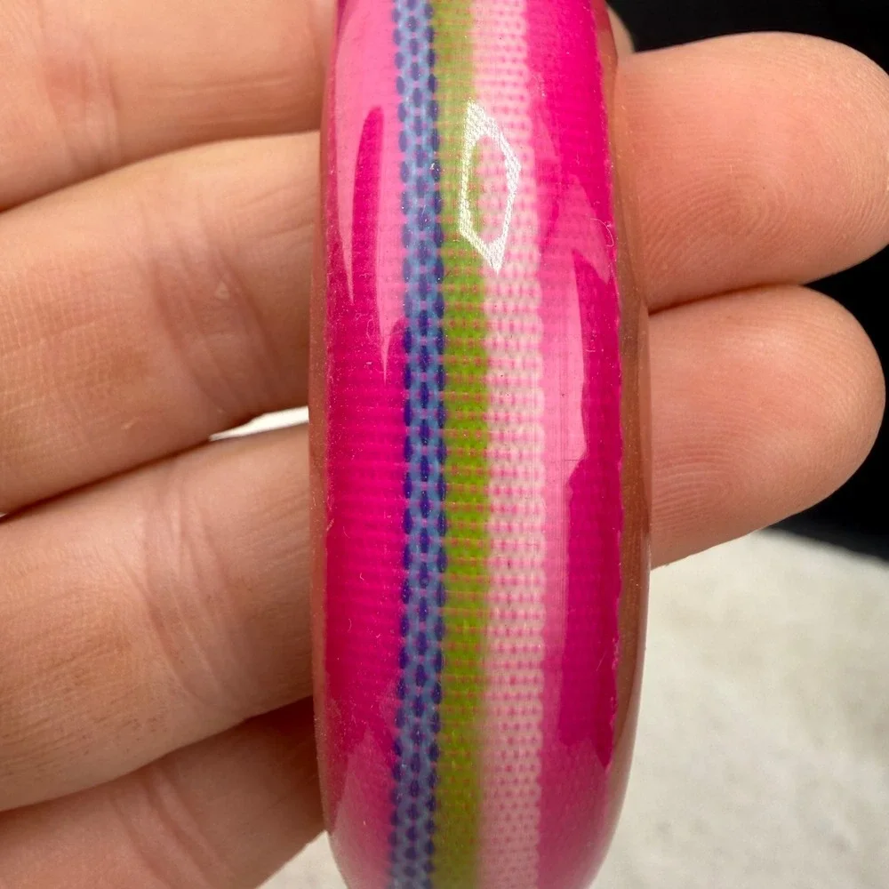 Vintage Bangle Bracelet Pink Striped Fabric Inlay Acrylic Retro 80s 8.5